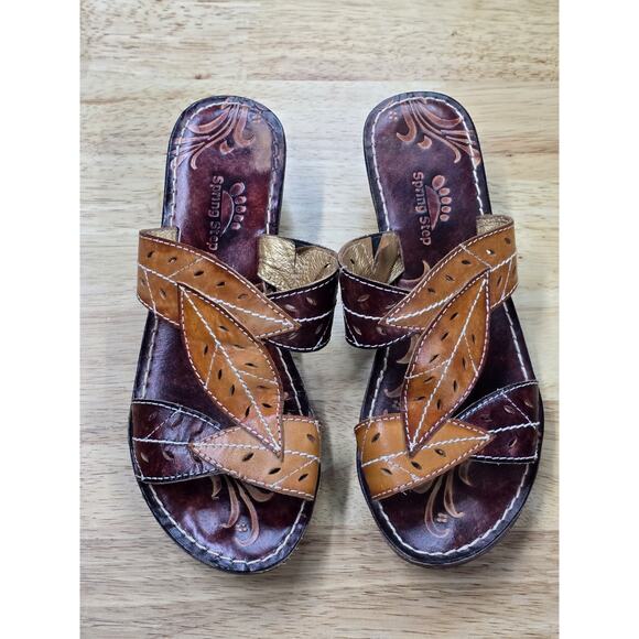 Spring Step Sandals Womens 6 Azalea Leather Leaf Cut Wedge Slip On EU 36 NWOB - Picture 2 of 7